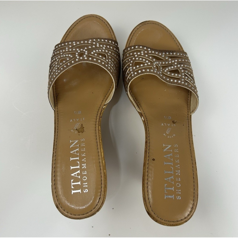 Italian Shoemakers Women's Slide Sandals Brown Rhinestone Slip On Size 8.5 Italy